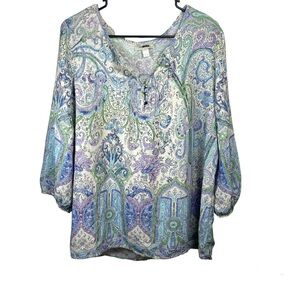 Dress Barn Large Paisley Print Blouse V-Neck 3/4 Sleeve with Buttons
